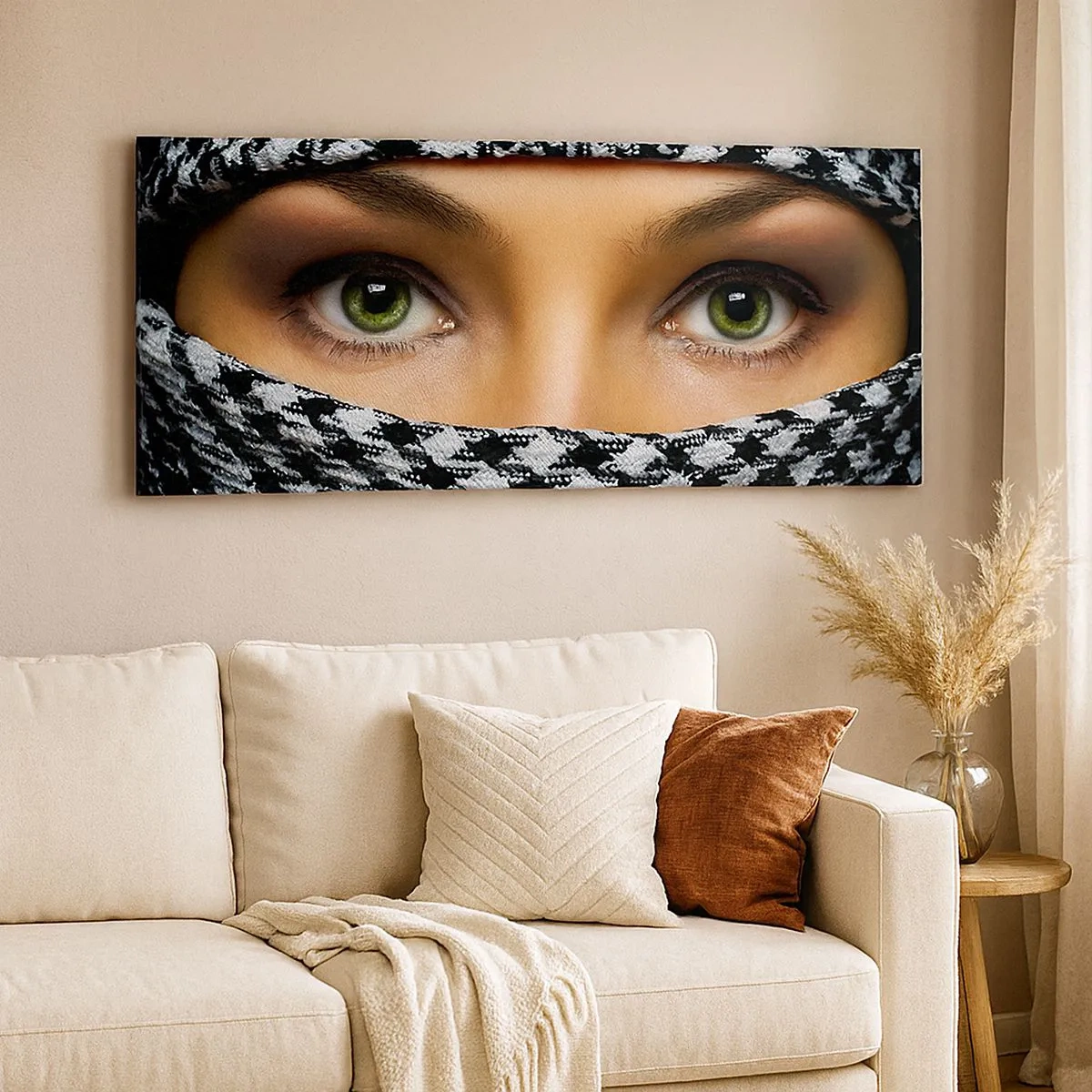 Canvastavla - Bild på duk - Beslöjad grönögd skönhet - 100x40 cm