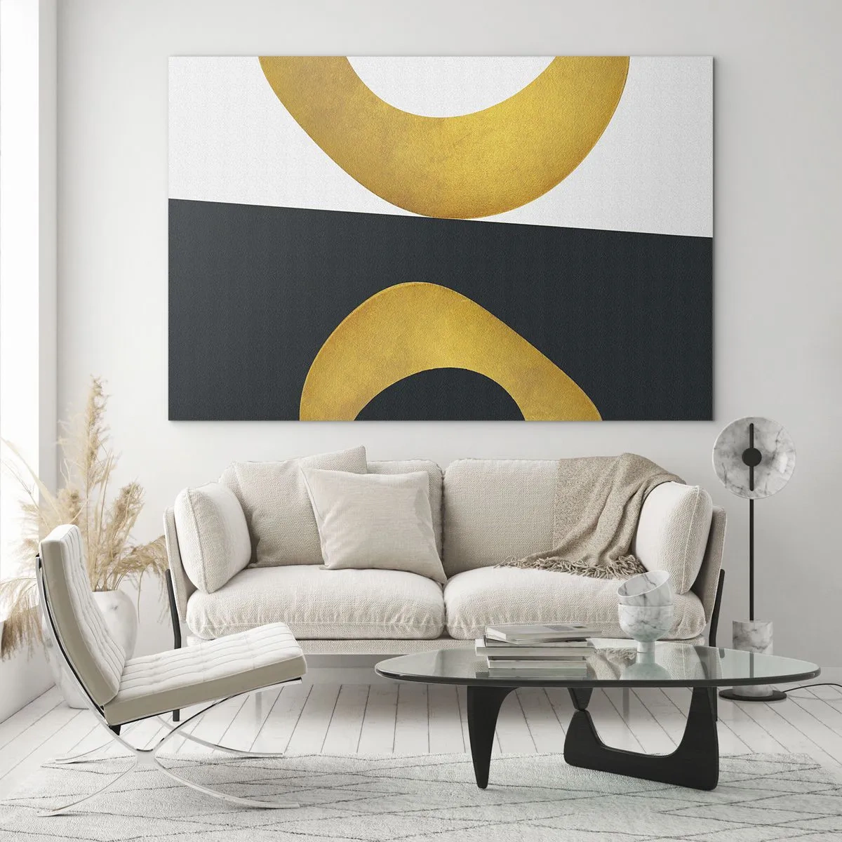 Glastavla - Bild på glas - Gyllene geometriska former på en vit och svart bakgrund - 70x50cm - Öfr det första: guld - Modern väggdekoration för vardagsrum och sovrum ARTTOR