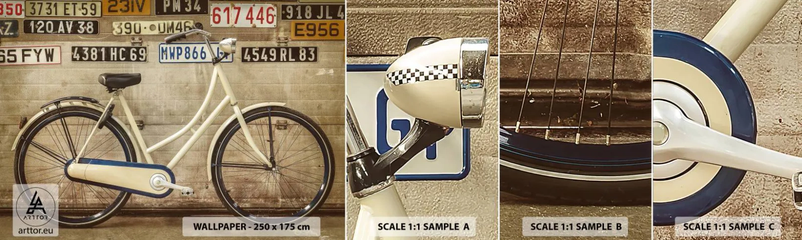 Provbit av självhäftande fototapet Deluxe Sticker - Utan komplex - Väggmålning, Cykel, Tallrikar - 100x30 cm