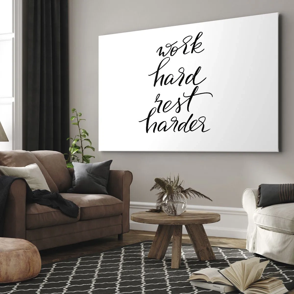 Canvastavla - Bild på duk - Arbeta hårt, vila hårdare citat på vit bakgrund - 70x50cm - Livsbalans - Modern väggdekoration för vardagsrum och sovrum ARTTOR