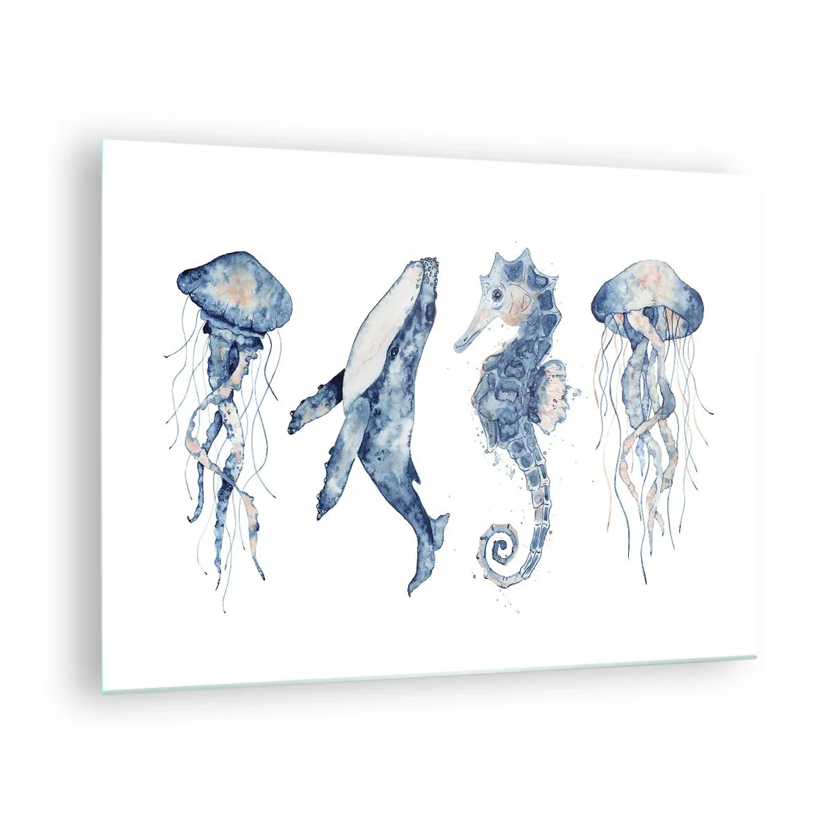Glastavla - Bild på glas - Havsdjur i en delikat akvarellstil - 70x50cm - Havets under - Modern väggdekoration för vardagsrum och sovrum ARTTOR