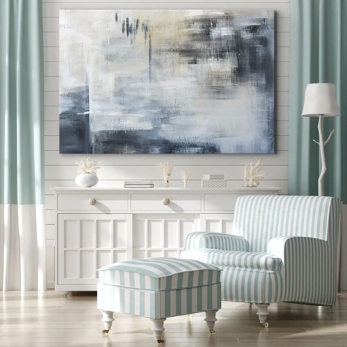 Canvastavla - Bild på duk - Abstrakt komposition i nyanser av blått och grått - 70x50cm - Bakom en blå slöja - Modern väggdekoration för vardagsrum och sovrum ARTTOR