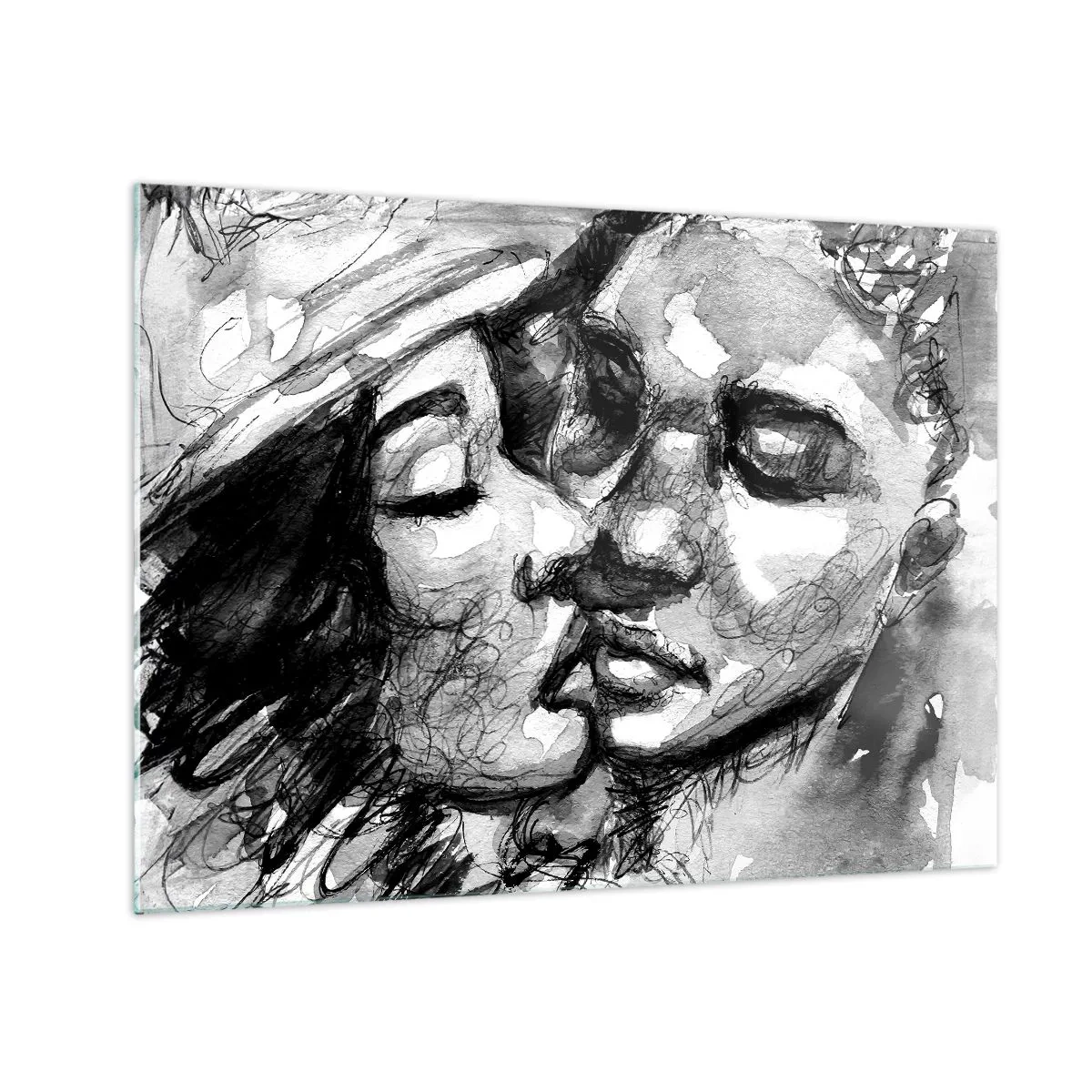 Glastavla - Bild på glas - Svartvit skiss av en öm kyss - 70x50cm - Ett ömt ögonblick - Modern väggdekoration för vardagsrum och sovrum ARTTOR