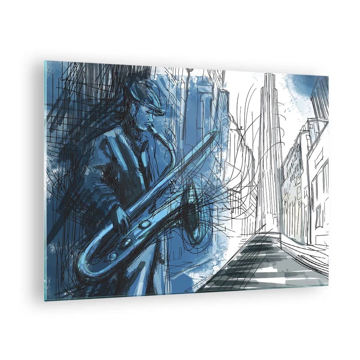 Glastavla - Bild på glas - Jazzsaxofonist i en blåfärgad urban miljö - 70x50cm - Stadsrapsodi - Modern väggdekoration för vardagsrum och sovrum ARTTOR