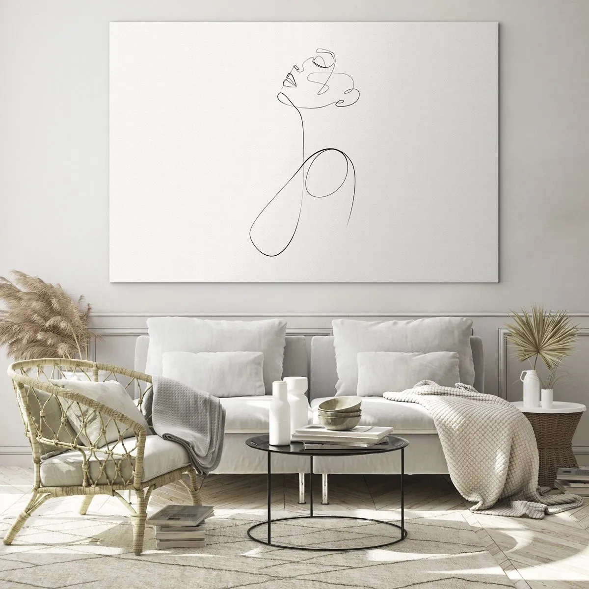 Glastavla - Bild på glas - Kvinnligt ansikte och siluett i linjekonststil på vit bakgrund - 70x50cm - Förvirrad i drömmarna - Modern väggdekoration för vardagsrum och sovrum ARTTOR