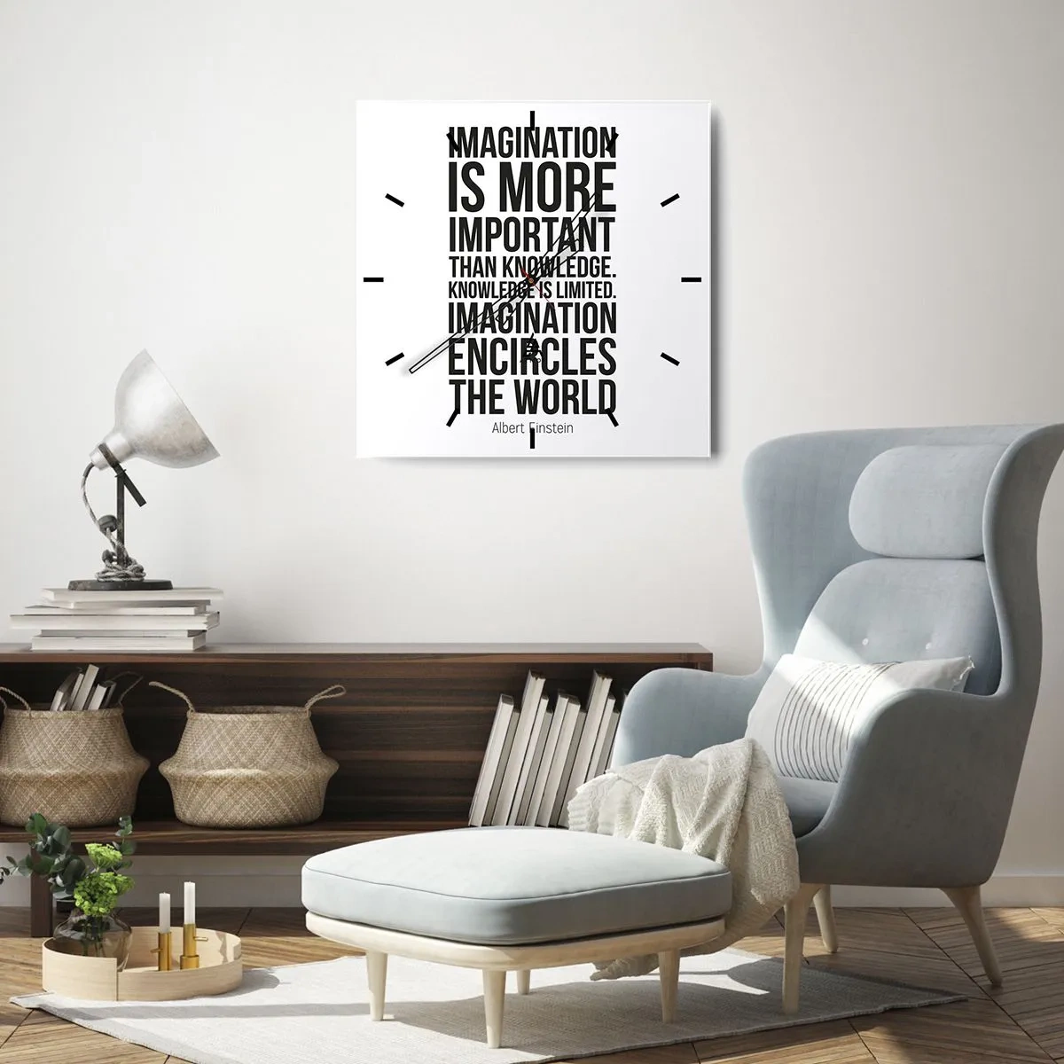 Väggklocka - Klocka på glas - Einstein om fantasins styrka - 30x30 cm