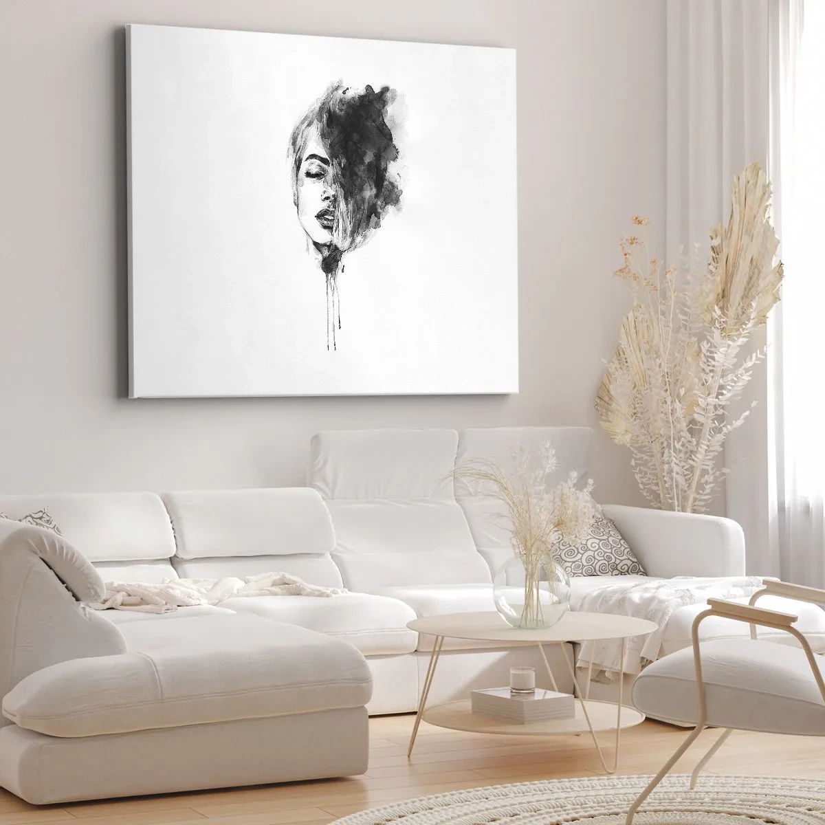 Canvastavla - Bild på duk - Konstnärligt porträtt av en kvinna i akvarellteknik med abstrakta detaljer - 70x50cm - Vad flickan drömmer om - Modern väggdekoration för vardagsrum och sovrum ARTTOR