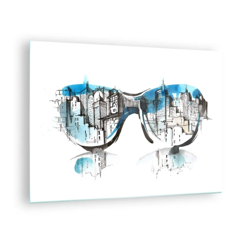 Glastavla - Bild på glas - Stadspanoramat speglas i solglasögon - 70x50cm - Storstadsstil - Modern väggdekoration för vardagsrum och sovrum ARTTOR