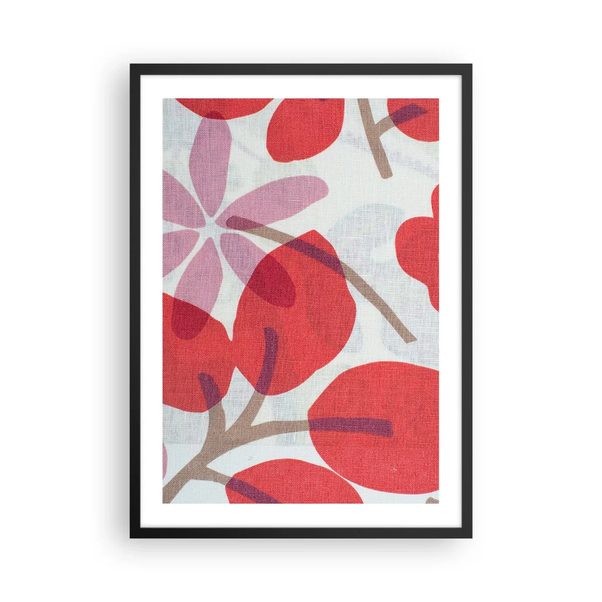 Affisch i svart ram - Botanisk sammansättning av blad och blommor i rött - 50x70cm - Blomsterkomposition i rosa - Modern väggdekoration för vardagsrum och sovrum ARTTOR
