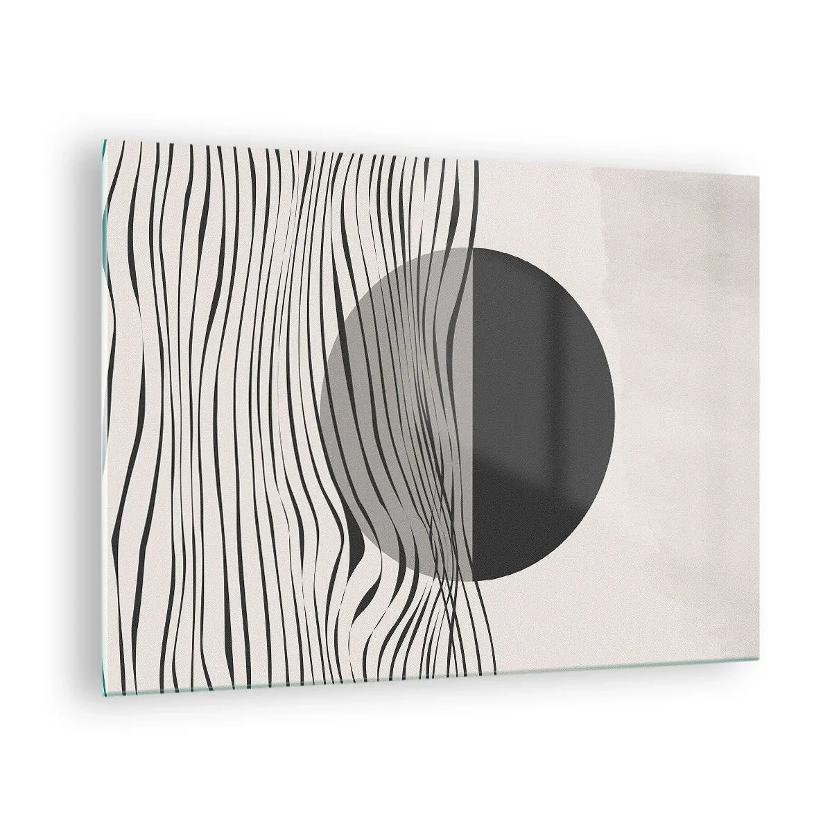 Glastavla - Bild på glas - Svarta vågor och en cirkel på en beige bakgrund - 70x50cm - Halvdan komposition - Modern väggdekoration för vardagsrum och sovrum ARTTOR