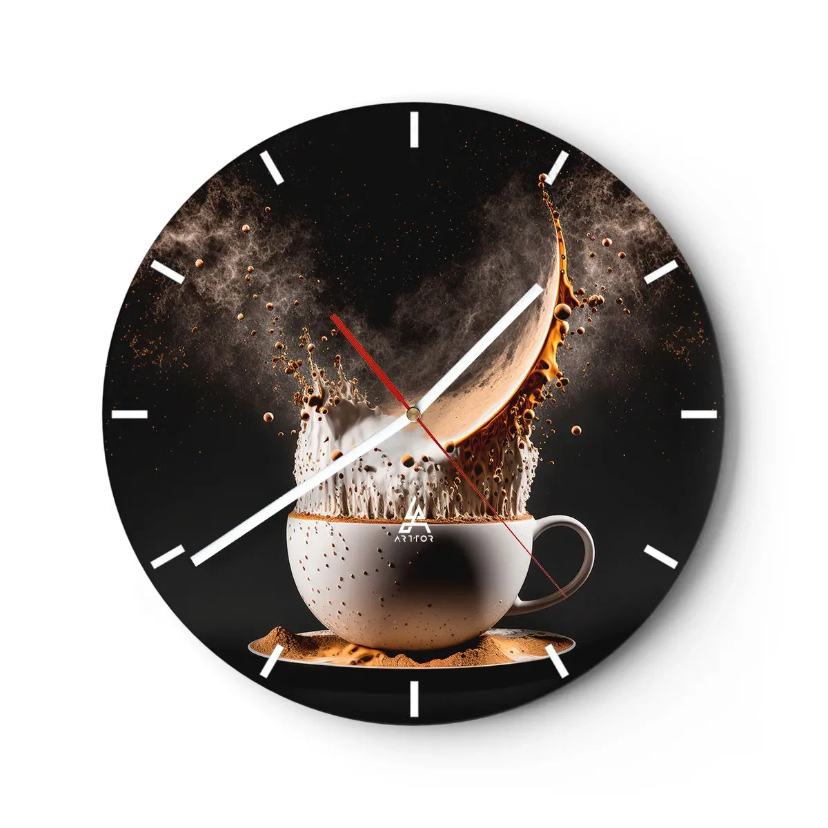 Väggklocka - Klocka på glas - Kaffe som exploderar från en kopp mot svart bakgrund - 30x30cm - Smakexplosion - Modern väggdekoration för vardagsrum, kök och sovrum ARTTOR