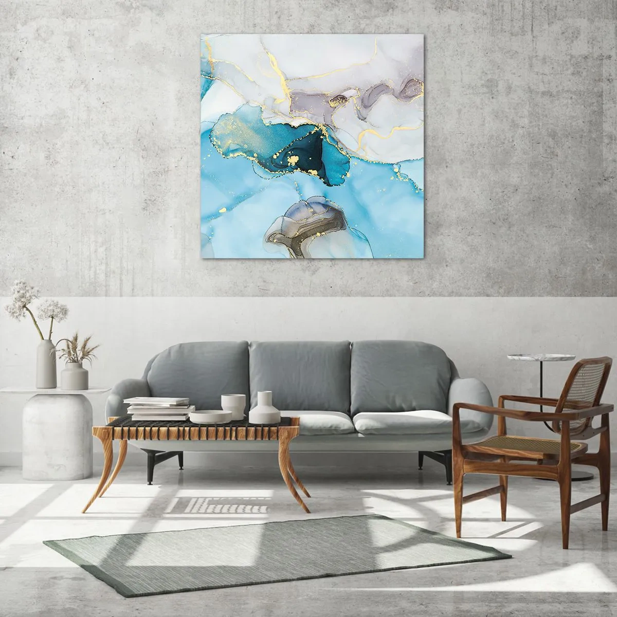 Glastavla - Bild på glas - Studie över mötet mellan grå och turkos - 70x70 cm