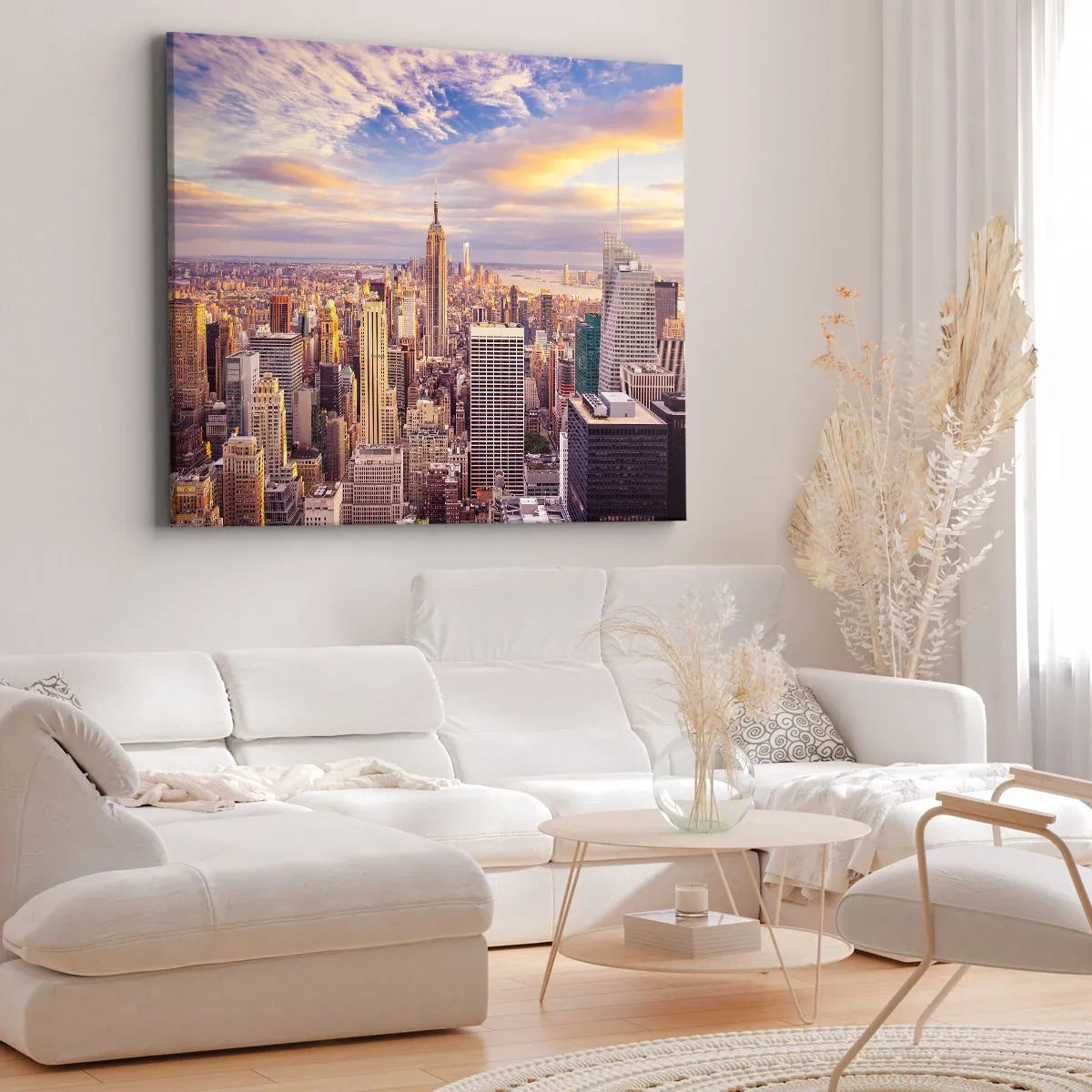Canvastavla - Bild på duk - Panorama över en modern stad med skyskrapor vid solnedgången - 70x50cm - Nå ut till molnen - Modern väggdekoration för vardagsrum och sovrum ARTTOR