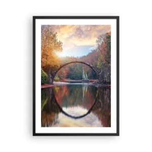 Affisch i svart ram - En stenbro över en sjö i ett höstlandskap - 50x70cm - På andra sidan av spegeln - Modern väggdekoration för vardagsrum och sovrum ARTTOR