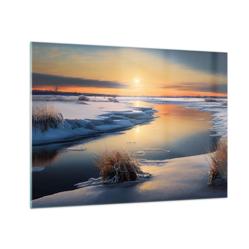 Glastavla - Bild på glas - Vinterlandskap med solnedgång över en frusen flod - 70x50cm - Vintersolnedgång - Modern väggdekoration för vardagsrum och sovrum ARTTOR