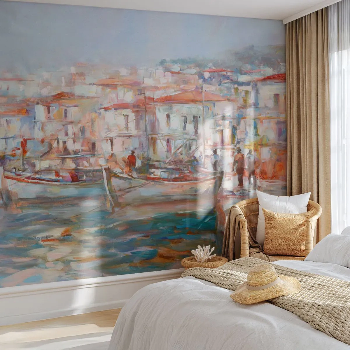 Fototapet Premium Sand - Pastellfärgad semester - Hamnstad, Arkitektur, Fiskebåt - 100x70 cm