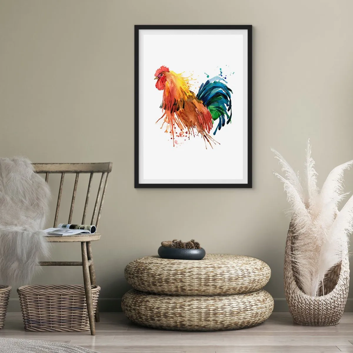 Affisch i svart ram - Färgglad tupp i akvarellstil - 50x70cm - Kungliga kläder, kunglig stolthet - Modern väggdekoration för vardagsrum och sovrum ARTTOR