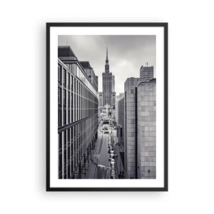 Affisch i svart ram - Vy över Kultur- och vetenskapspalatset i Warszawa i grå nyanser - 50x70cm - Warszawadalen - Modern väggdekoration för vardagsrum och sovrum ARTTOR