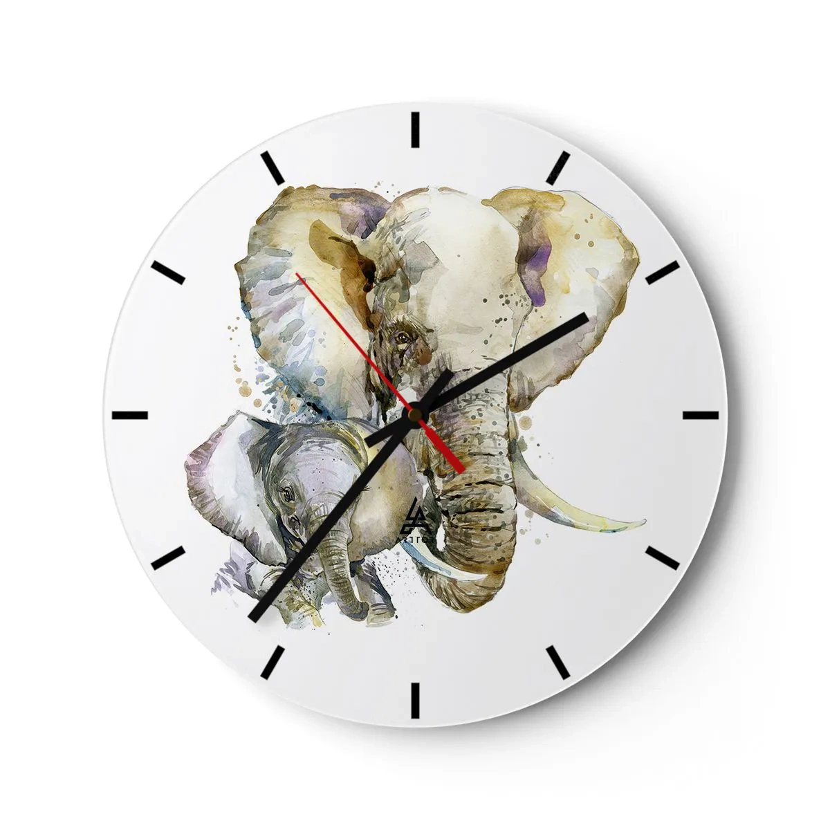 Väggklocka - Klocka på glas - En elefant med en kalv i akvarellstil - 30x30cm - Alltid bäst hos mamma - Modern väggdekoration för vardagsrum, kök och sovrum ARTTOR