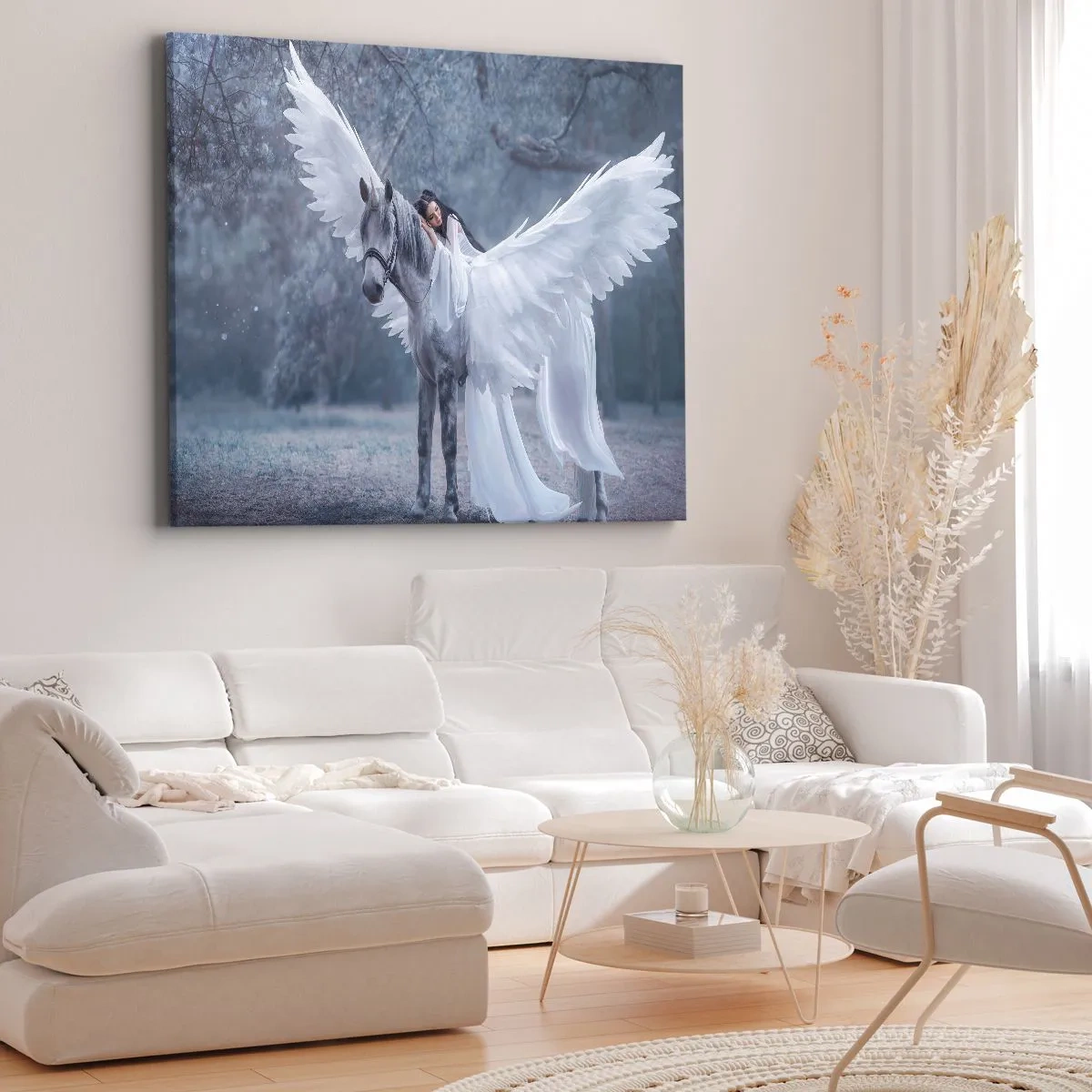 Canvastavla - Bild på duk - En kvinna på en vit häst med vingar i en magisk skog - 70x50cm - En stund full av inspiration - Modern väggdekoration för vardagsrum och sovrum ARTTOR