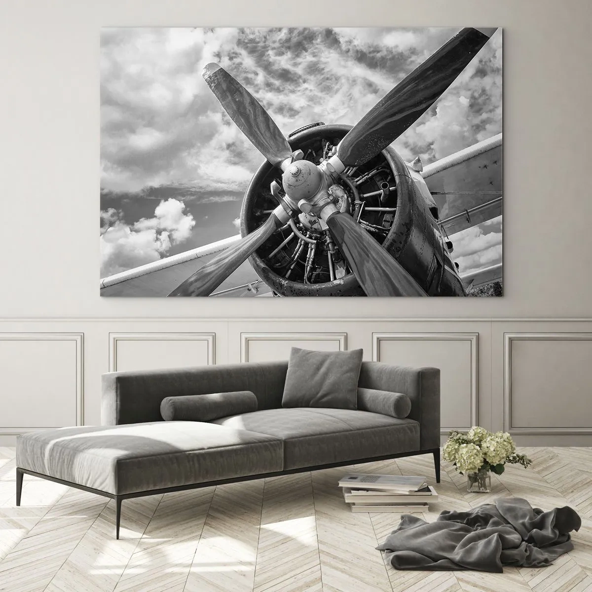 Glastavla - Bild på glas - En närbild av en flygplanspropeller i svartvitt. - 70x50cm - Luftrummets härskare - Modern väggdekoration för vardagsrum och sovrum ARTTOR