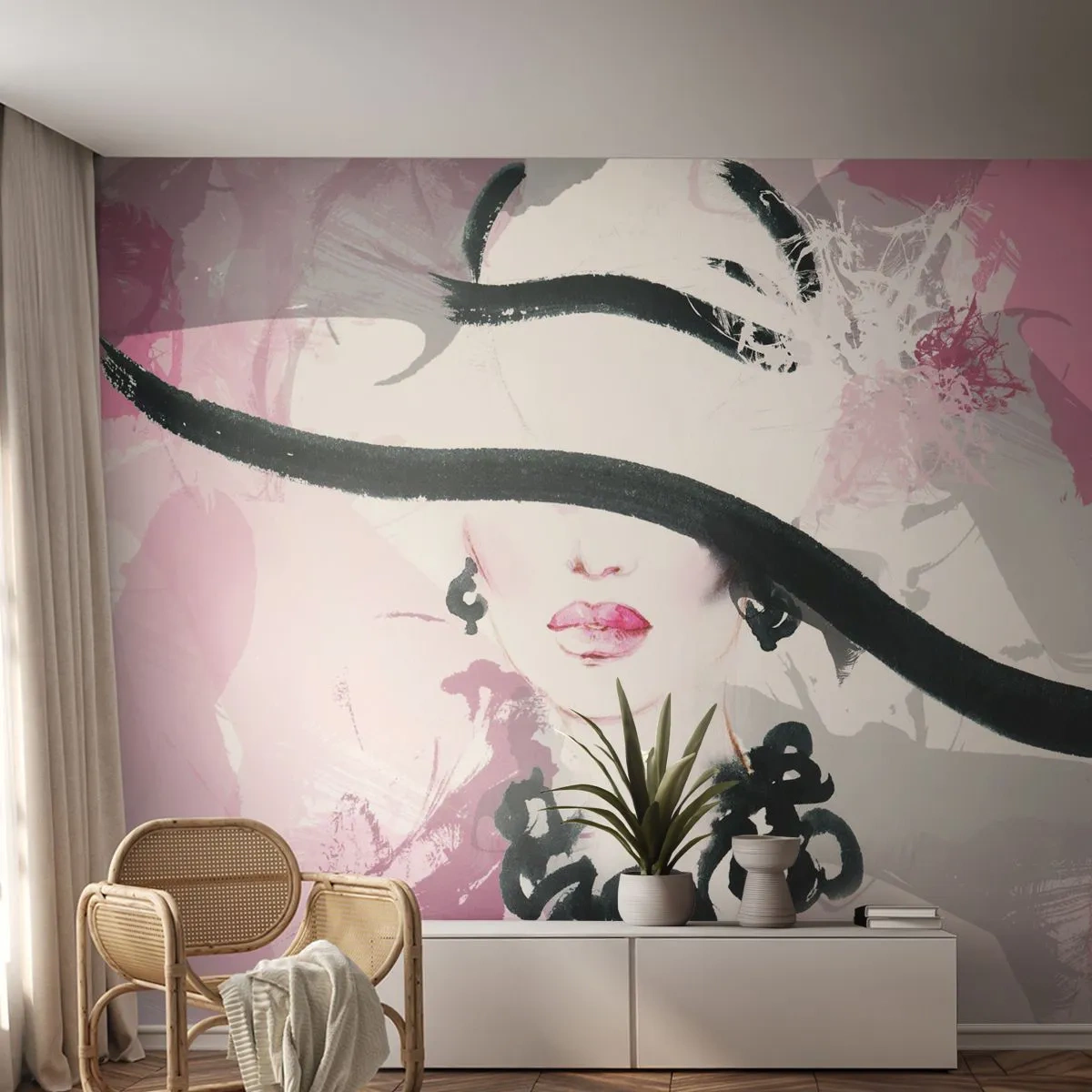 Självhäftande Fototapet Deluxe Sticker - En damportätt i svart och rosa - Kvinna, Kvinnans ansikte, Abstraktion - 100x70 cm