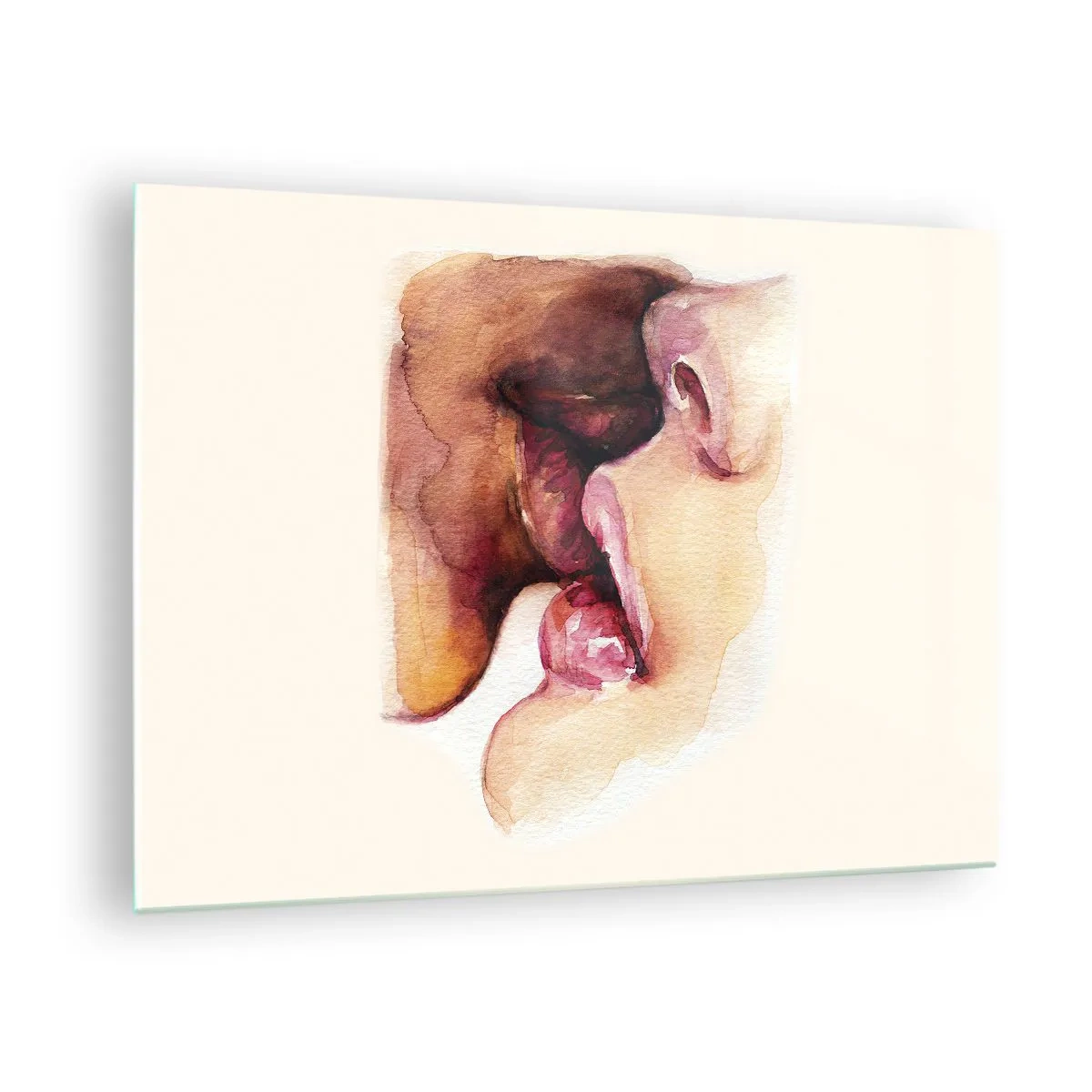 Glastavla - Bild på glas - Konstnärlig akvarellkyss av två ansikten mot en ljus bakgrund - 70x50cm - Som dag och natt, jord och himmel - Modern väggdekoration för vardagsrum och sovrum ARTTOR