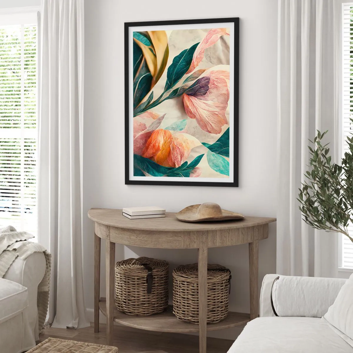 Affisch i svart ram - Färgglada blommor och blad i en konstnärlig komposition - 50x70cm - Blommor av de södra öarna - Modern väggdekoration för vardagsrum och sovrum ARTTOR