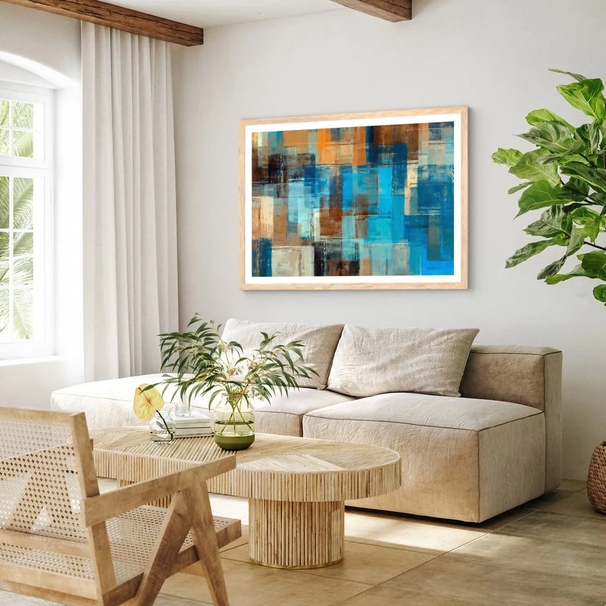 Affisch i ram av ljusek - Genom blåa gardinen - 70x50 cm