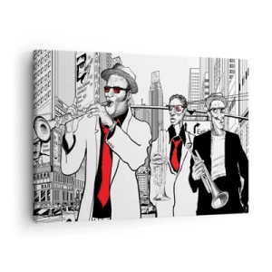 Canvastavla - Bild på duk - Illustration av jazzmusiker mot en urban bakgrund - 70x50cm - Stadsrapsodi i svart och rött - Modern väggdekoration för vardagsrum och sovrum ARTTOR