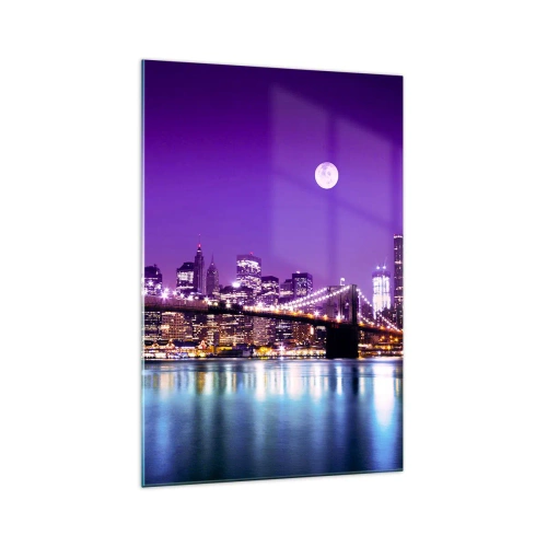 Glastavla - Bild på glas - Storstadens ljus i violett - 70x100 cm