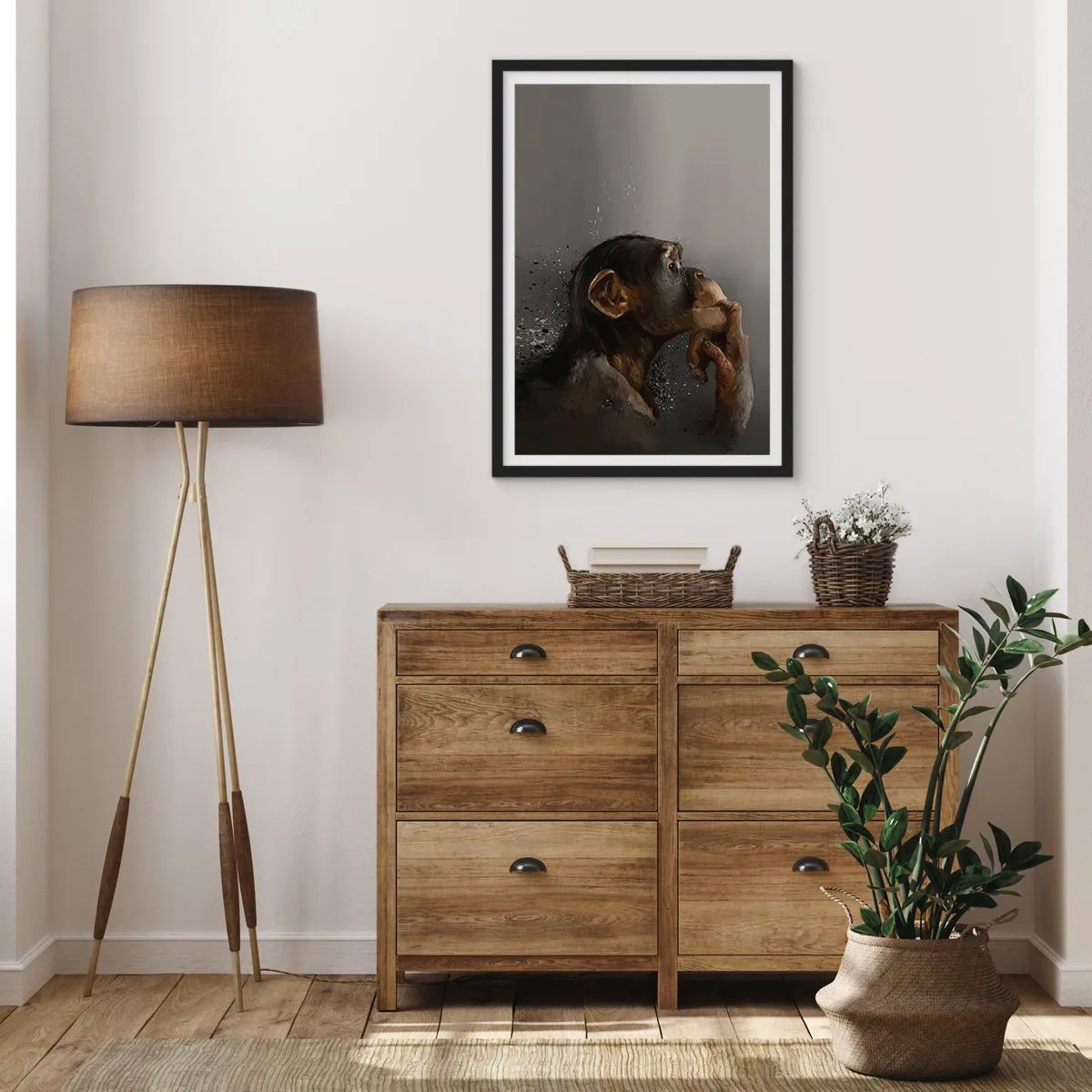 Affisch i svart ram - Porträtt av en tänkande apa i mjuka gråtoner med en abstrakt bakgrund - 50x70cm - Säkert en tänkare - Modern väggdekoration för vardagsrum och sovrum ARTTOR