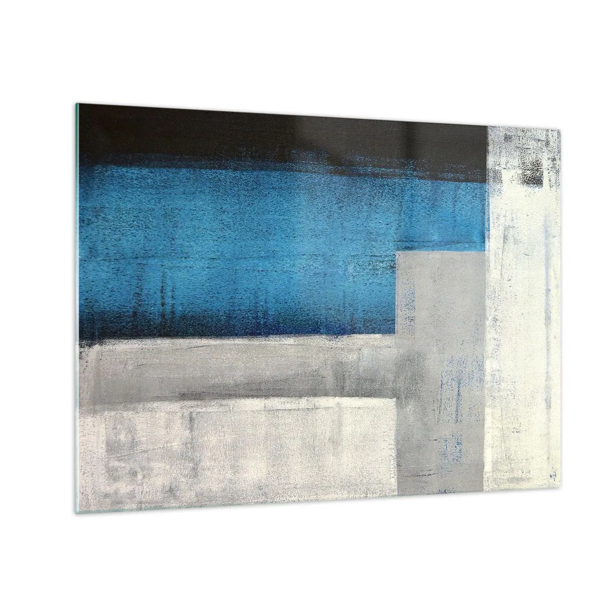 Glastavla - Bild på glas - Geometrisk abstraktion i blått, grått och vitt - 70x50cm - Poetisk komposition av grått och blått - Modern väggdekoration för vardagsrum och sovrum ARTTOR