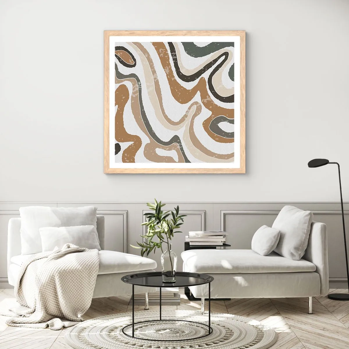 Affisch i ram av ljusek - Meandrar av jordnära färger - 60x60 cm