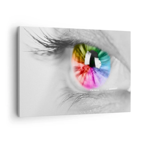 Canvastavla - Bild på duk - Konstnärlig bild av ett öga med regnbågsfärgad iris mot en grå bakgrund - 70x50cm - Se färgglatt på världen - Modern väggdekoration för vardagsrum och sovrum ARTTOR