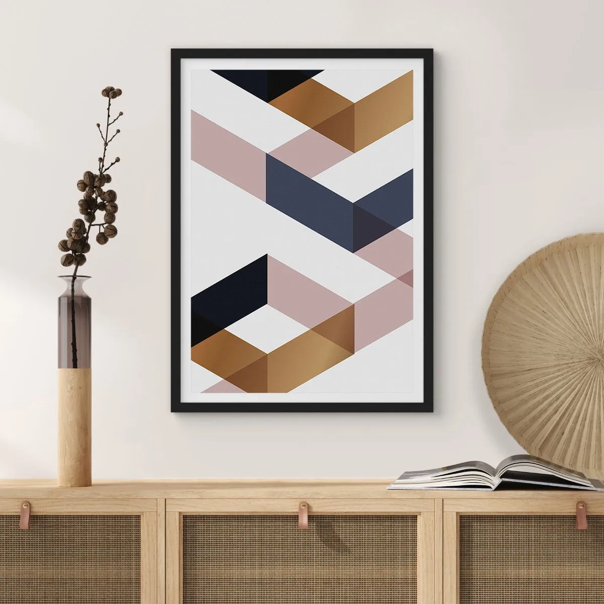 Affisch i svart ram - Geometriska former i nyanser av guld, svart och beige - 50x70cm - Plan och vinklar - Modern väggdekoration för vardagsrum och sovrum ARTTOR