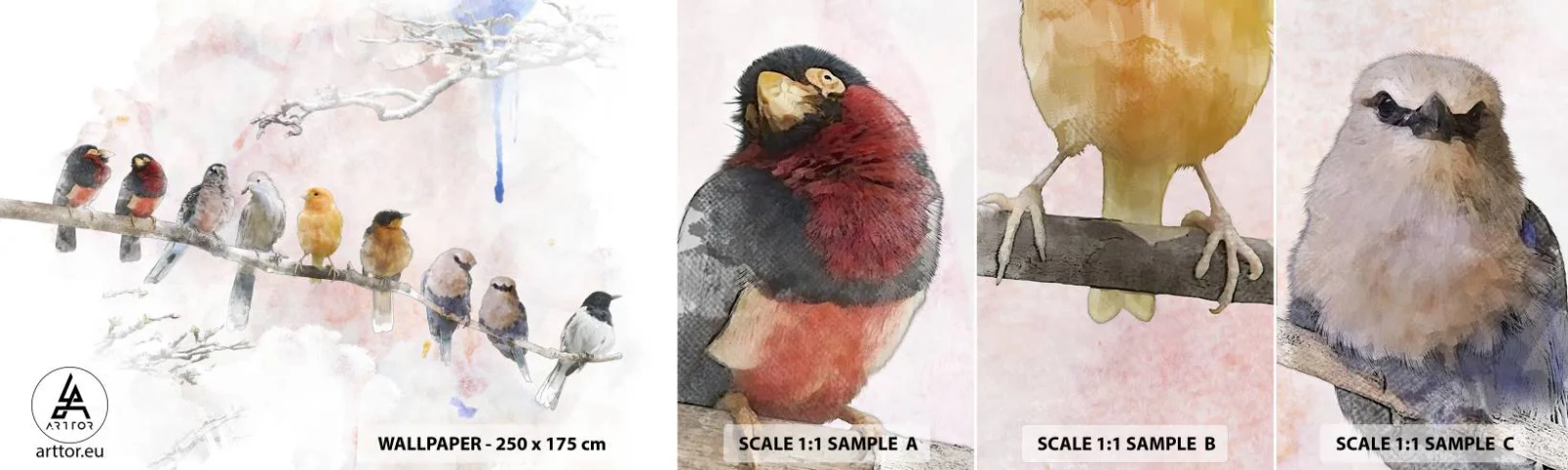 Provbit av självhäftande fototapet Deluxe Sticker - Bevingat möte - Fåglar, Natur, Grafik - 100x30 cm