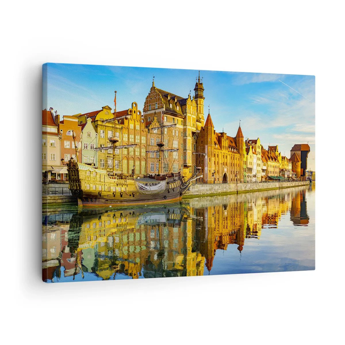 Canvastavla - Bild på duk - En pittoresk utsikt över den gamla staden med ett segelfartyg och vatten - 70x50cm - Det förflutnas spegelbild - Modern väggdekoration för vardagsrum och sovrum ARTTOR