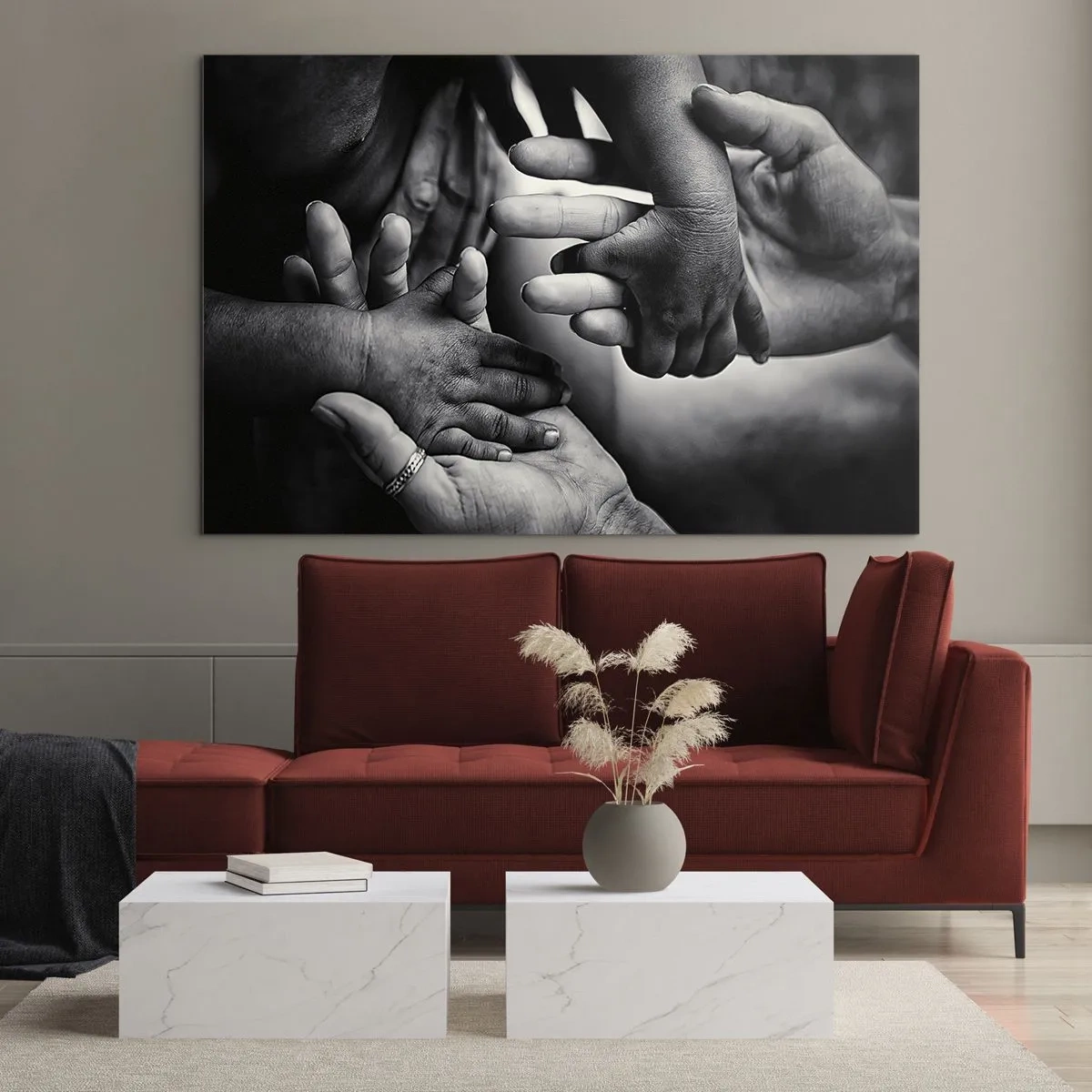 Glastavla - Bild på glas - Symboliskt svartvitt handslag av olika generationer - 70x50cm - Att vara människa - Modern väggdekoration för vardagsrum och sovrum ARTTOR