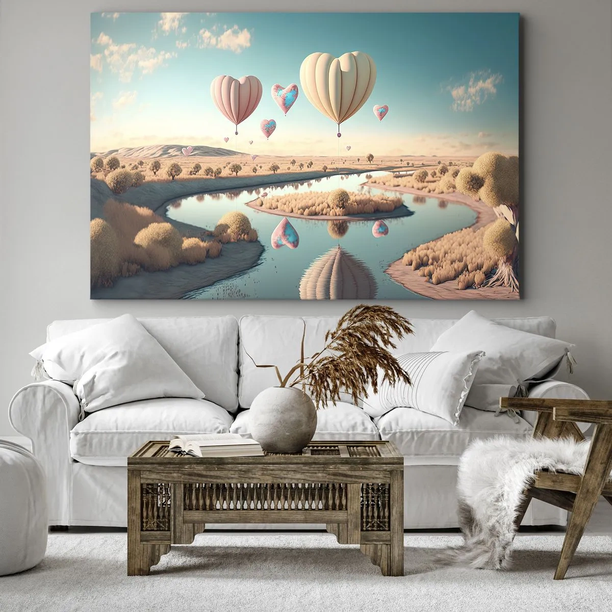 Canvastavla - Bild på duk - Hjärtformade ballonger som svävar över landskapet - 70x50cm - Kärleken låter dig sväva - Modern väggdekoration för vardagsrum och sovrum ARTTOR