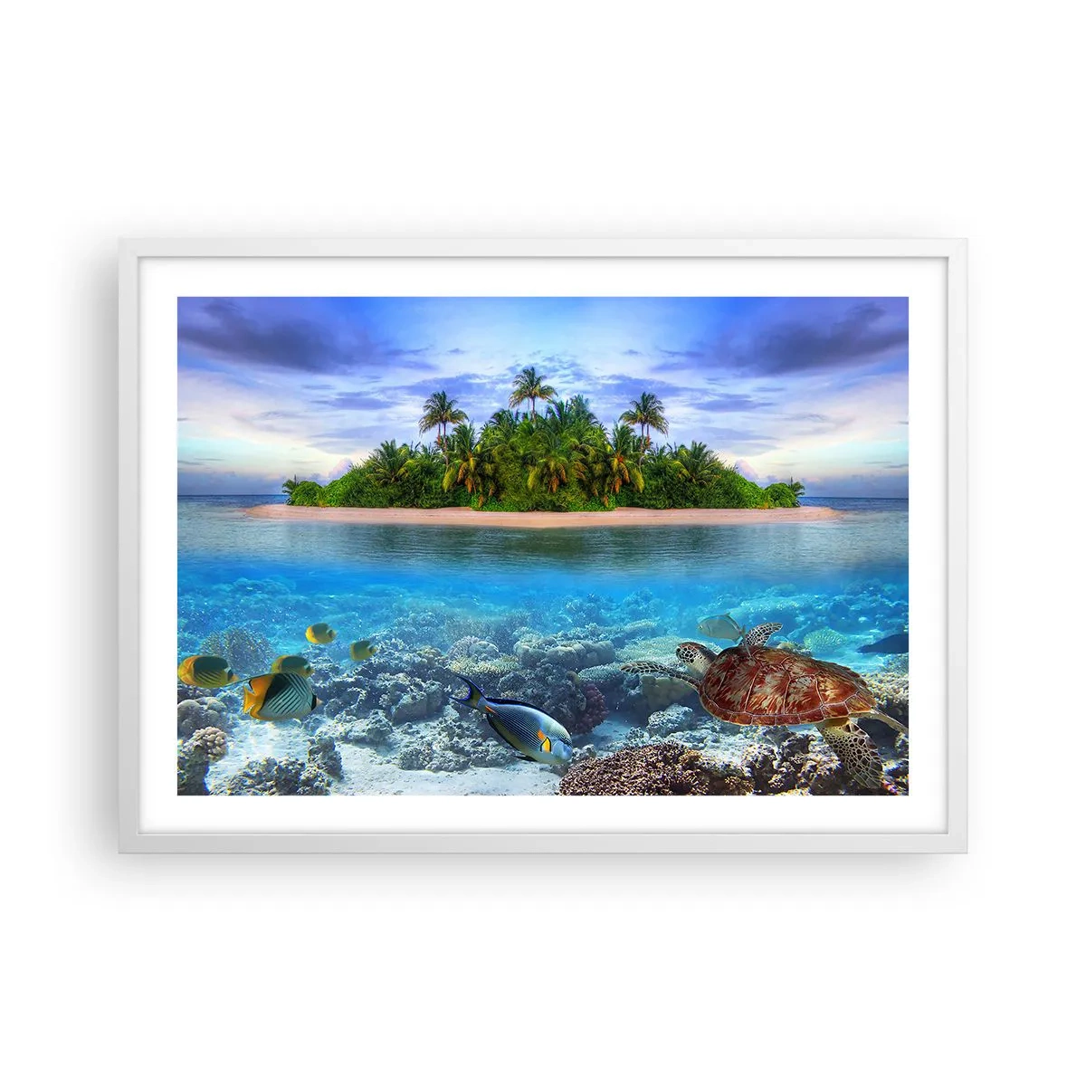 Affisch i vit ram - Himmelska ön hälsar välkommen - 70x50 cm