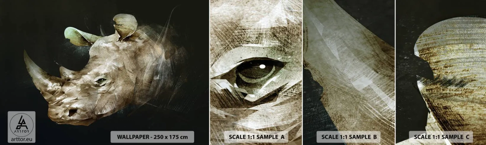 Provbit av självhäftande fototapet Deluxe Sticker - Riktigt manlig kraft - Abstraktion, Noshörning, Djur - 100x30 cm