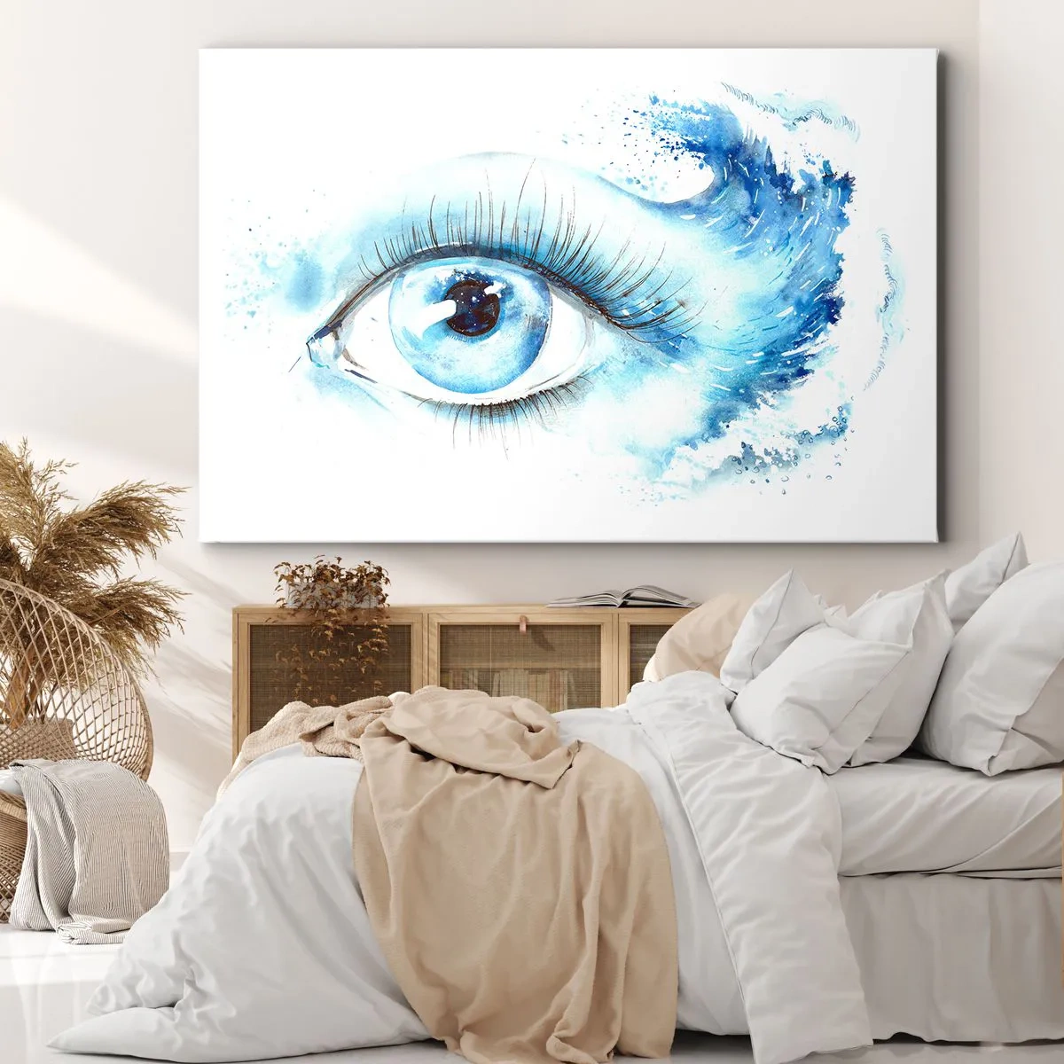 Canvastavla - Bild på duk - Konstnärlig akvarell av ett öga med en dynamisk våg - 70x50cm - Doppa sig i den blåa blicken - Modern väggdekoration för vardagsrum och sovrum ARTTOR