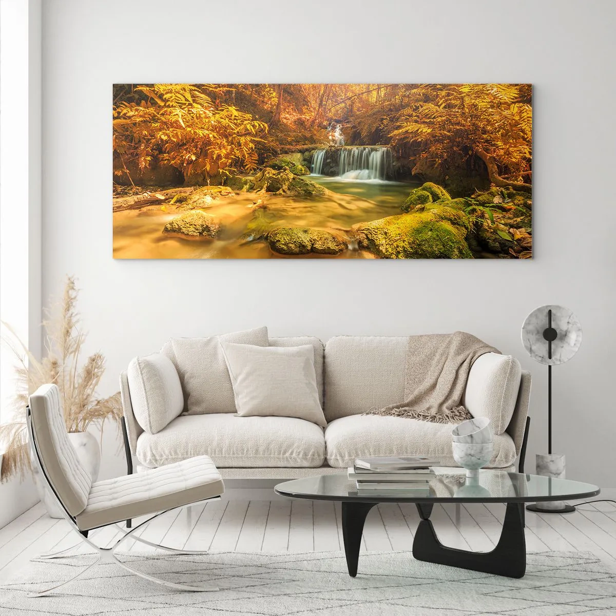 Glastavla - Bild på glas - Skogkaskad i gult - 160x50 cm