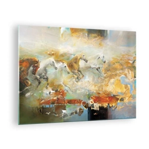 Glastavla - Bild på glas - Abstrakta hästar i dynamisk rörelse - 70x50cm - Galopp genom ljuset - Modern väggdekoration för vardagsrum och sovrum ARTTOR