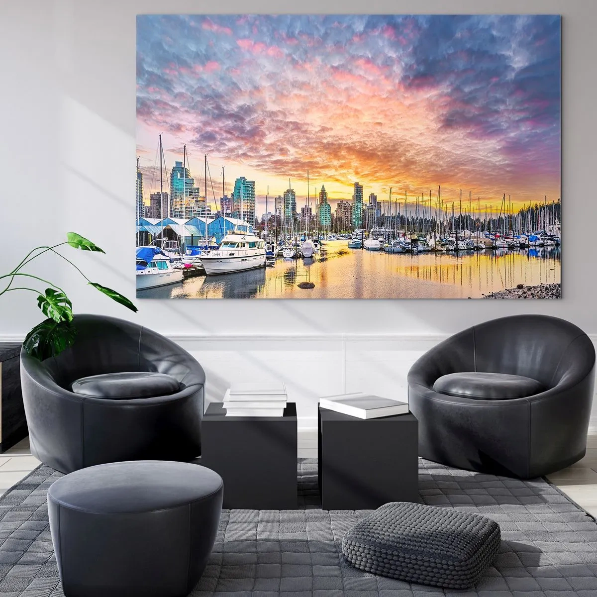 Glastavla - Bild på glas - Solnedgång över marinan med båtar och skyskrapor - 70x50cm - Tusen seglares stad - Modern väggdekoration för vardagsrum och sovrum ARTTOR