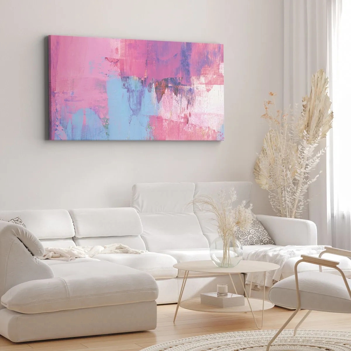Canvastavla - Bild på duk - Rosa, blått och en gnutta ljus - 140x50 cm