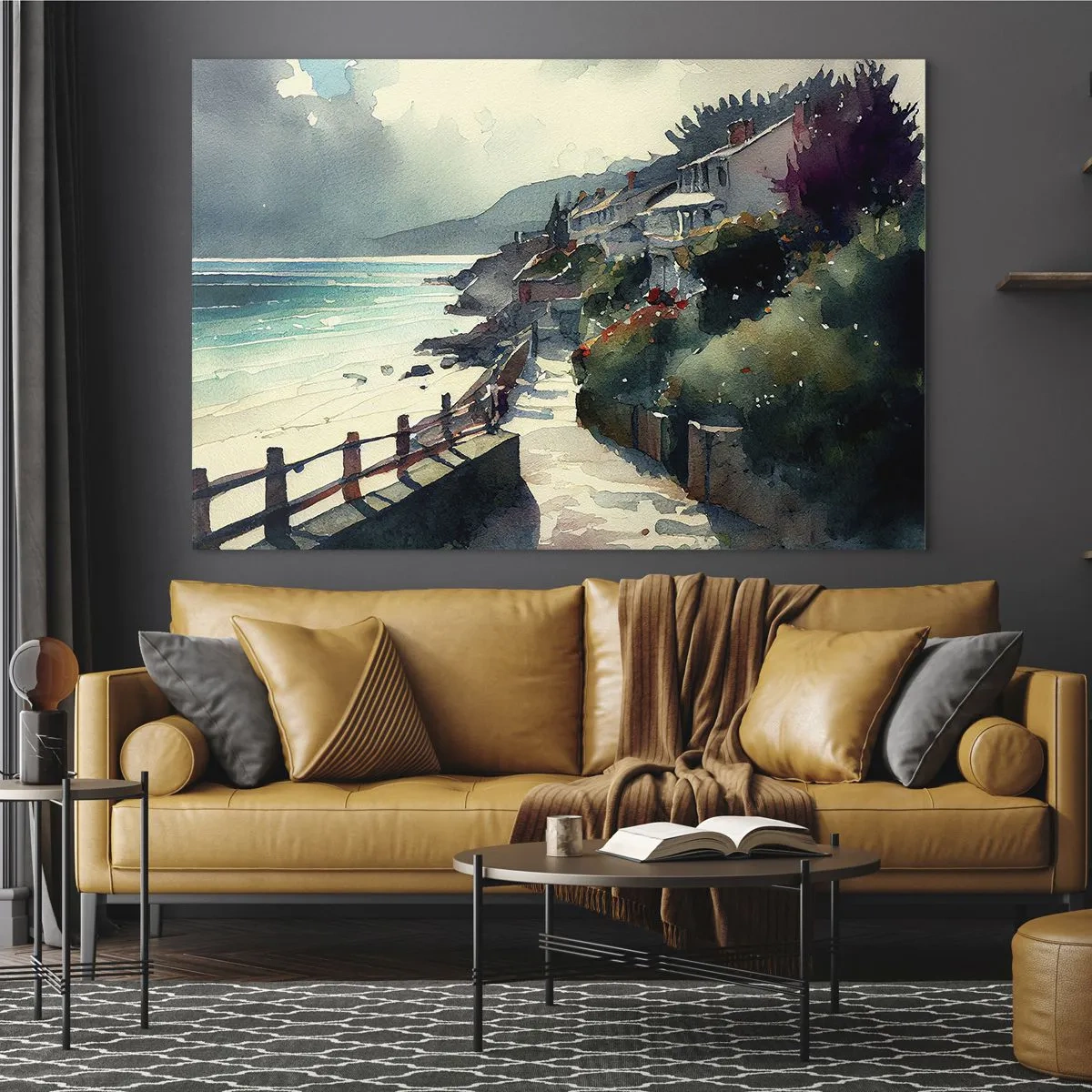 Glastavla - Bild på glas - En strandpromenad med färgglada hus och vatten - 70x50cm - Medelhavsstad - Modern väggdekoration för vardagsrum och sovrum ARTTOR
