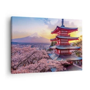 Canvastavla - Bild på duk - En pagod i Japan med körsbärsblommor och berget Fuji - 70x50cm - Essens av den japanska andan - Modern väggdekoration för vardagsrum och sovrum ARTTOR