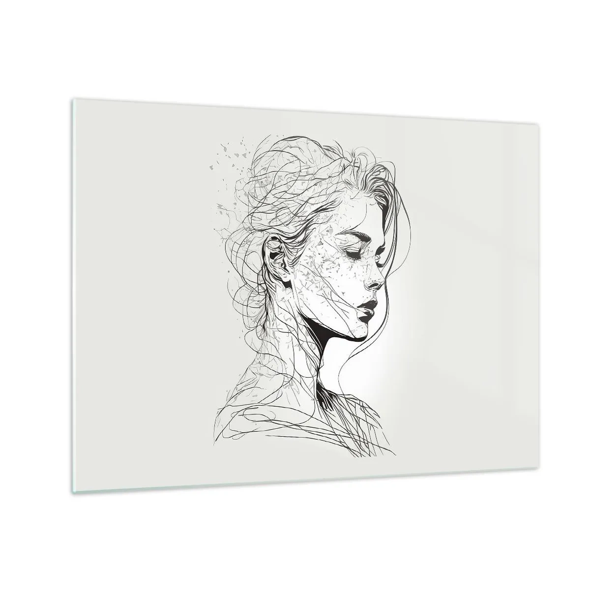 Glastavla - Bild på glas - En svartvit skiss av en kvinna med slutna ögon i en fin linje. - 70x50cm - Porträtt i drömmar - Modern väggdekoration för vardagsrum och sovrum ARTTOR